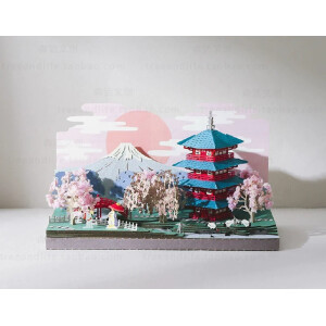 Maqueta papel 3D paisaje japonés de primavera con monte Fuji