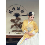 Hanbok completo amarillo con estampado real de mujer de ropa tradicional coreana 3