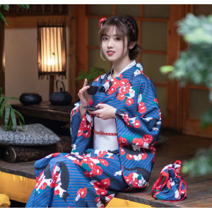 Yukata japonés gatos kawaii azul rojo blanco – kimono ligero tradicional
