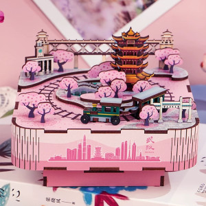 Maqueta 3D madera con torre y cerezos Wuhan Sakura DIY Tonecheer Frikimall