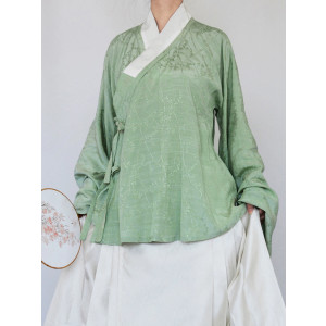 Hanfu verde mujer – manga pipa cuello recto de seda vegetal